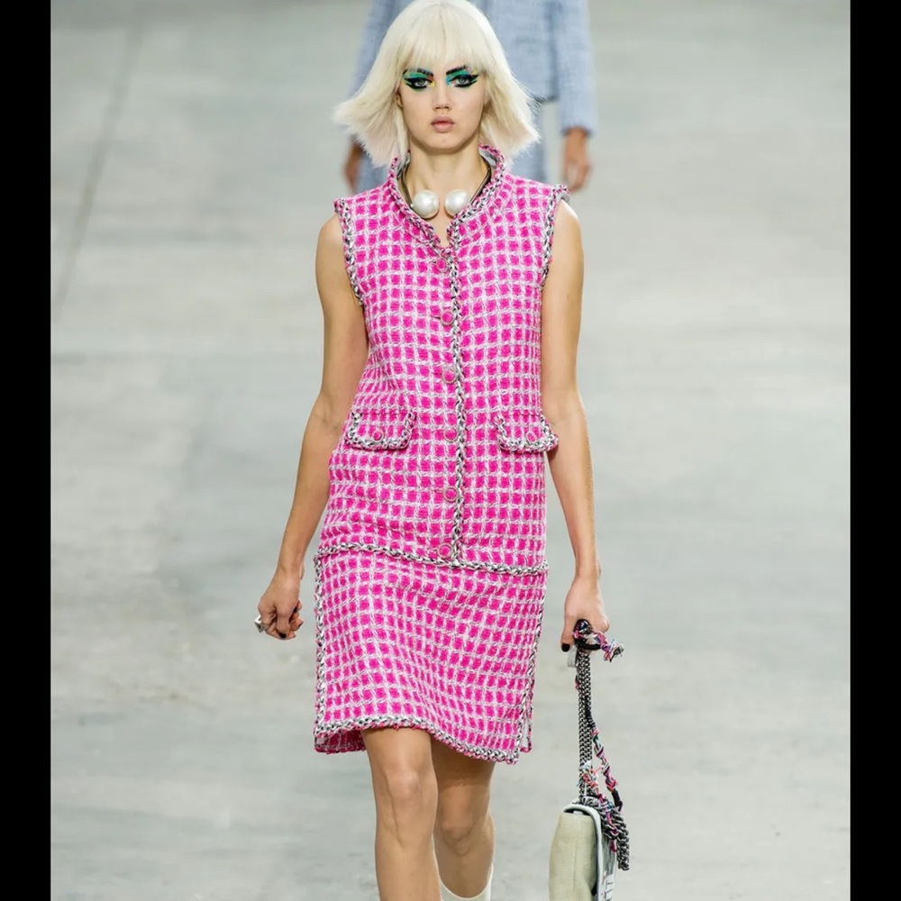 Chanel Hot Pink Tweed Sleeveless Mini
Dress w/Metallic Silver Trim
